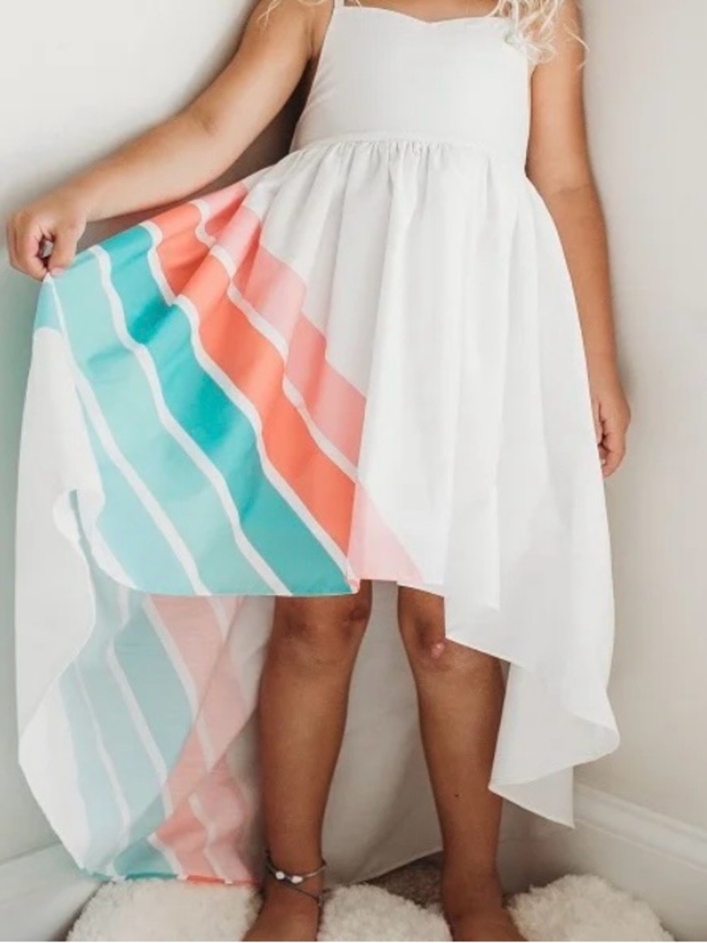 Oopsie Daisy White High-Low Dress with Coral and Teal Rainbow NWOT